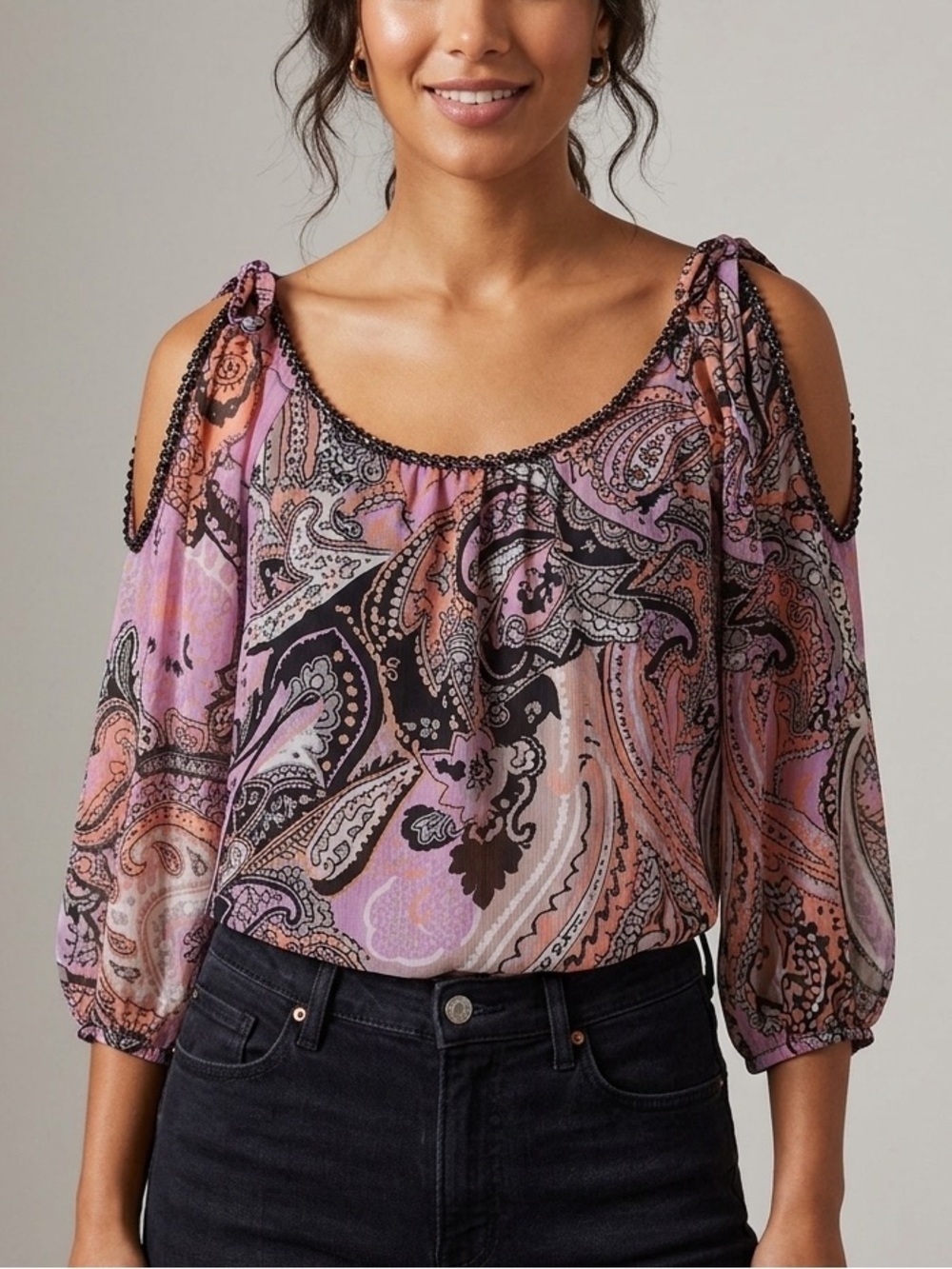 INC Macy’s Pink Paisley Embellished Cold Shoulder 3/4 Sleeve Blouse Medium